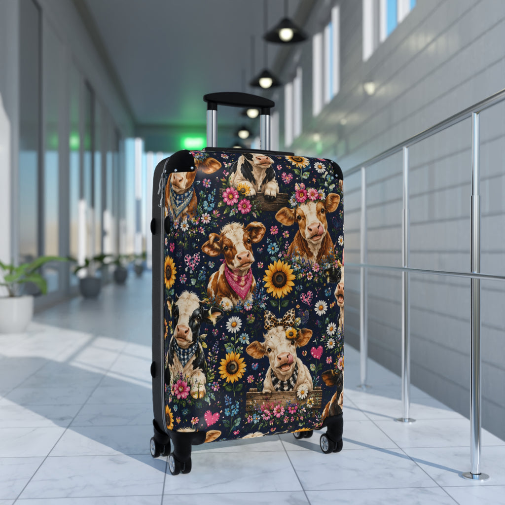 Cow Floral Suitcase – Cute Cow Print Carry-On Luggage with Sunflowers