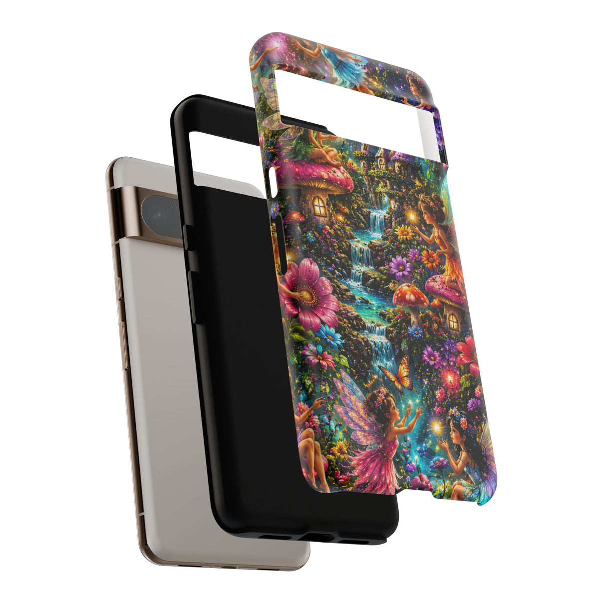 Fairy Garden Tough Phone Case — Whimsical Cottage, Waterfall & Mushroom Artwork