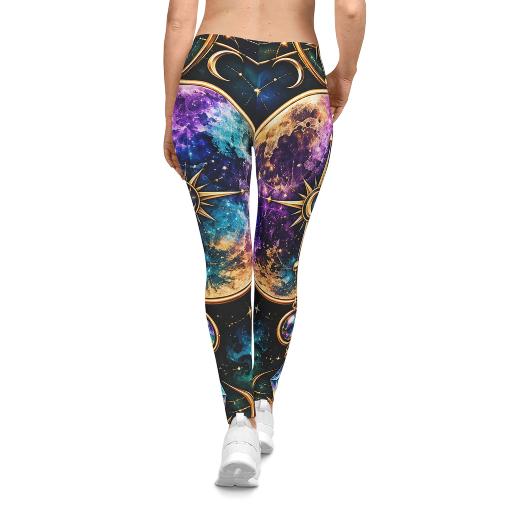Cosmic Moon Phase Leggings — Mystic Galaxy Print Women's Leggings