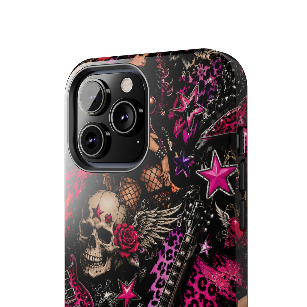 Rock Skull Guitar Phone Case — Edgy Pink Skull & Roses Tough Phone Case