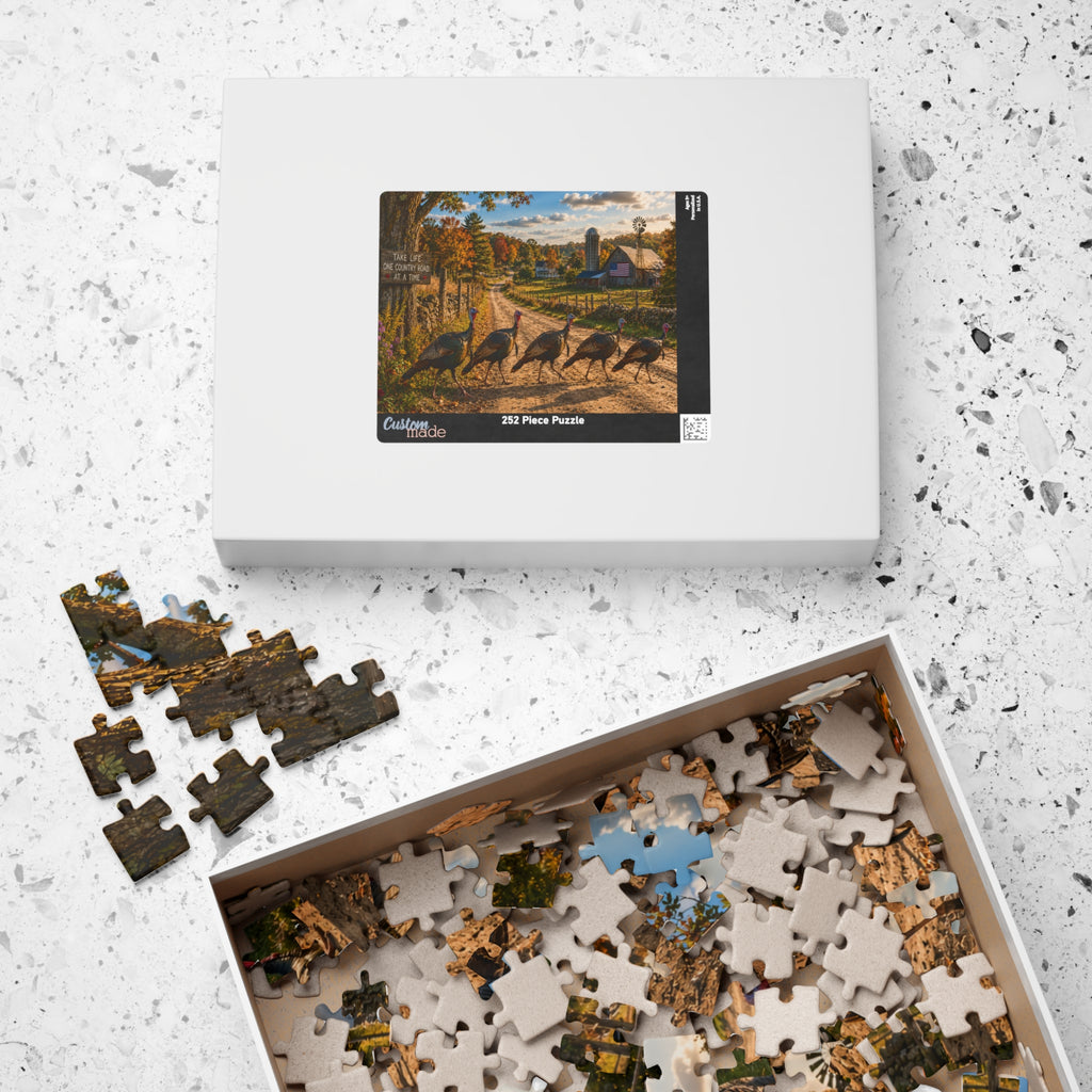 Country Road Turkeys Jigsaw Puzzle — Rustic Farmhouse Scene (110/252/520/1014 pcs)