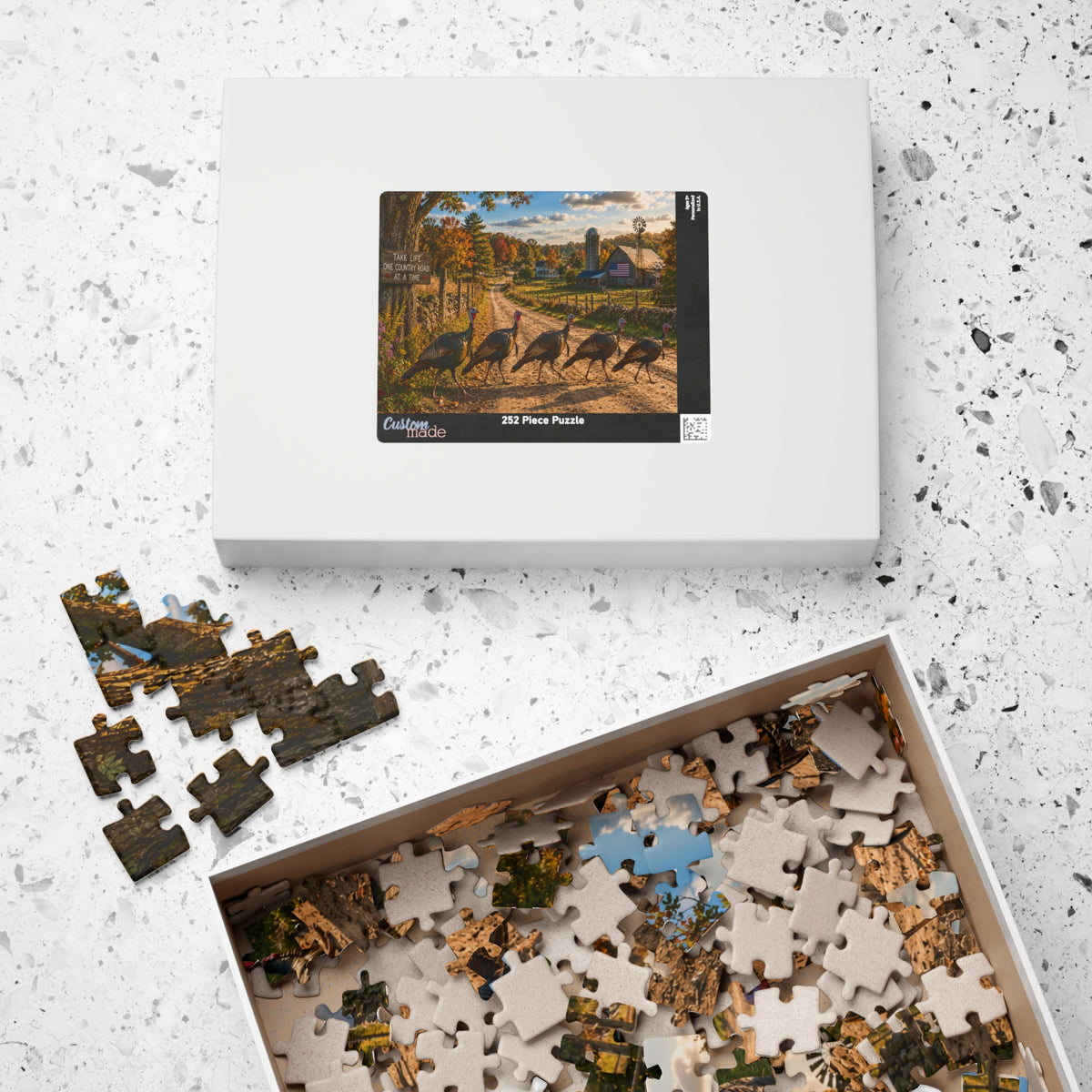 Country Road Turkeys Jigsaw Puzzle — Rustic Farmhouse Scene (110/252/520/1014 pcs)