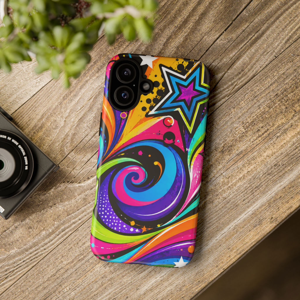 Psychedelic Swirl Phone Case — Bold Retro Stars & Neon Pop Art Tough Case