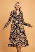 Leopard Smocked V-Neck Flowy Midi Dress