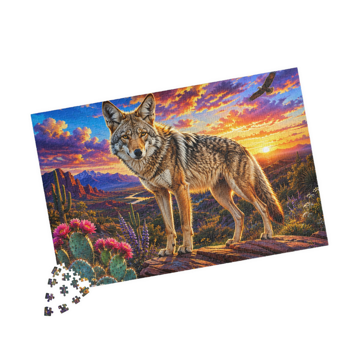 Coyote Sunset Landscape Puzzle — Desert Wildlife Jigsaw (110/252/520/1014 pcs)
