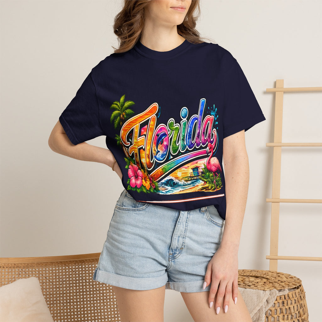 Florida Retro Palm Beach Sunset T-Shirt | Flamingo Hibiscus