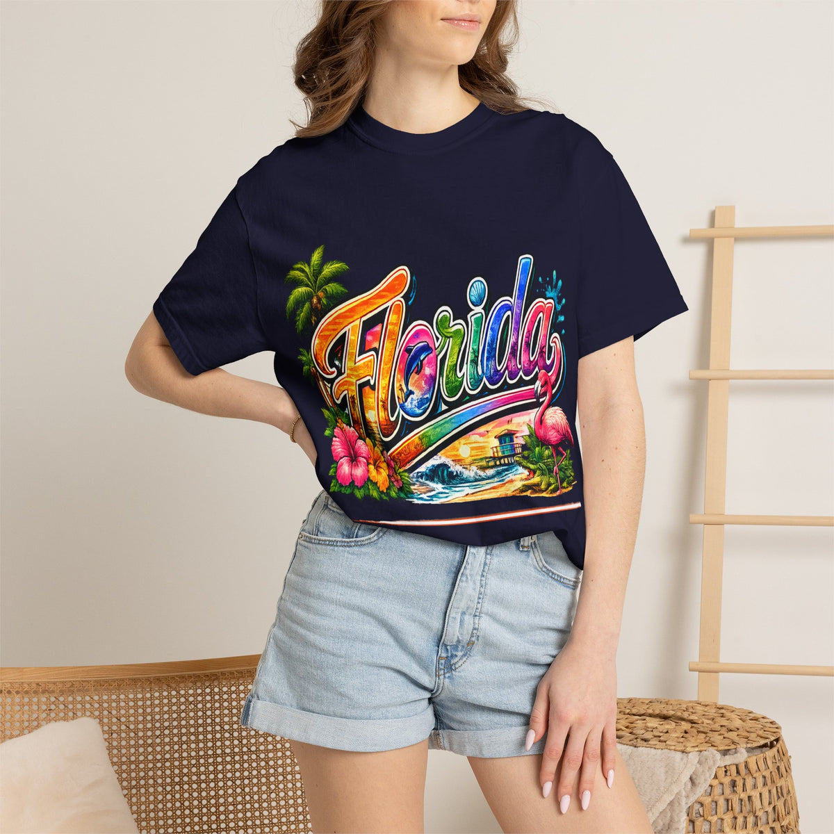 Florida Retro Palm Beach Sunset T-Shirt | Flamingo Hibiscus