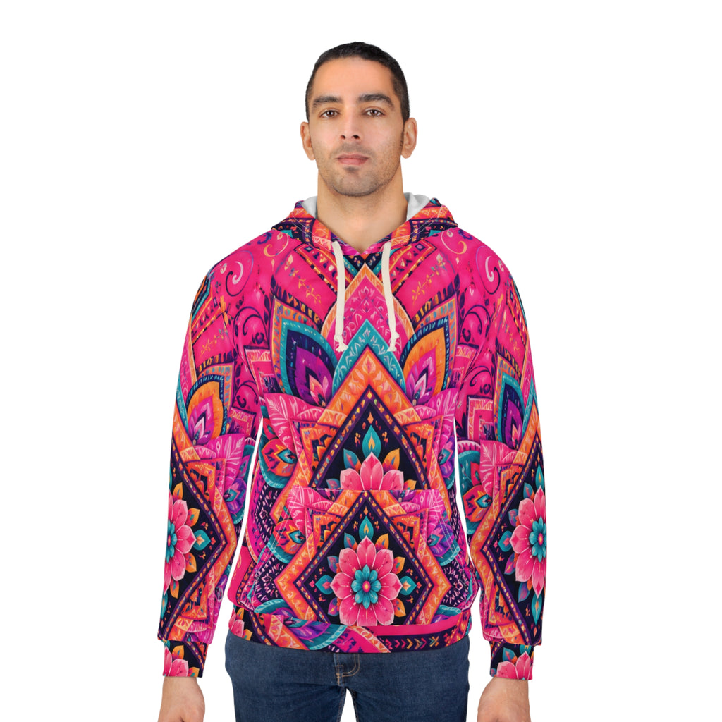 Mandala Floral Hoodie — Vibrant Pink Boho All-Over Print