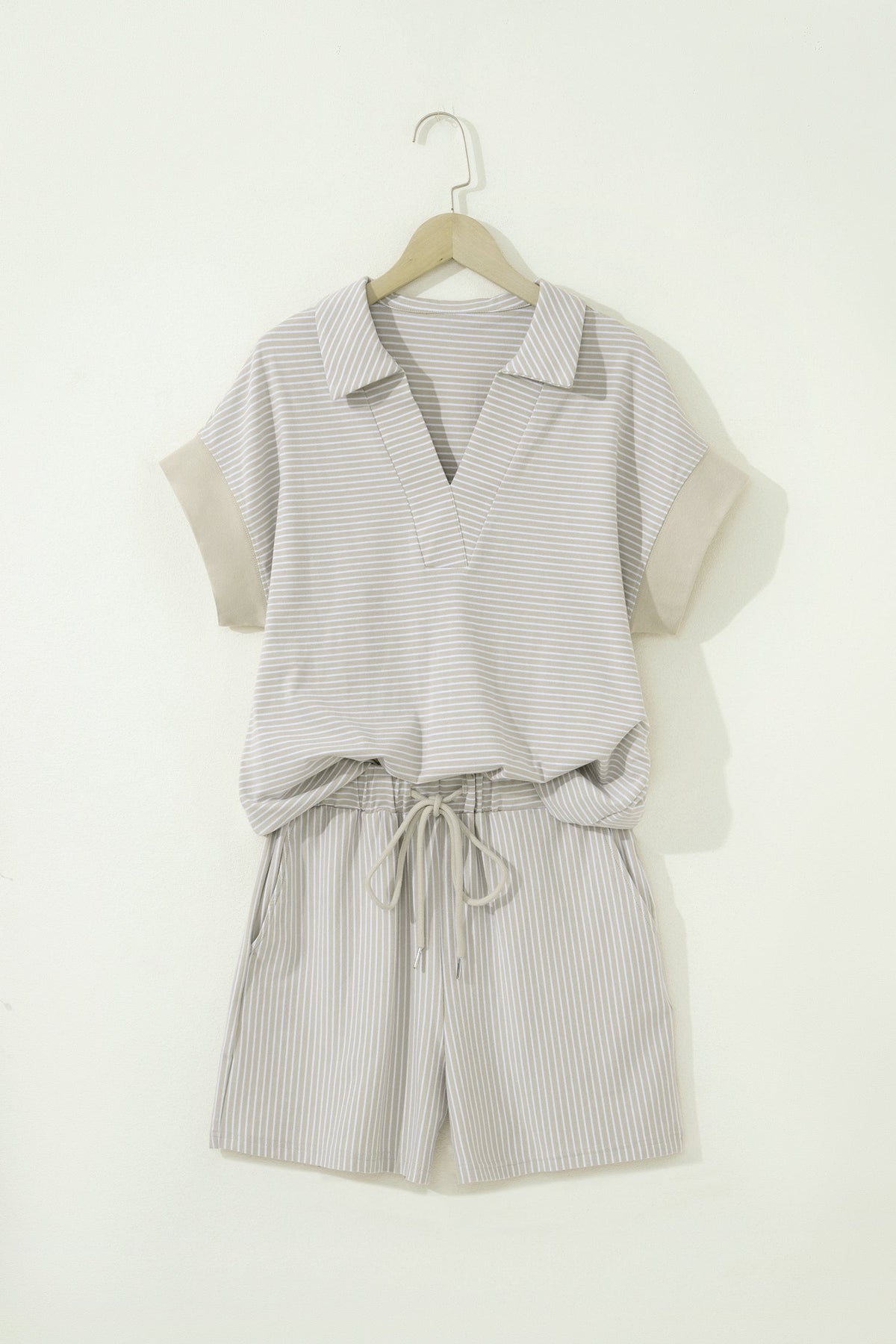 Stripe Dolman Sleeve Polo Shirt & Drawstring Shorts Set