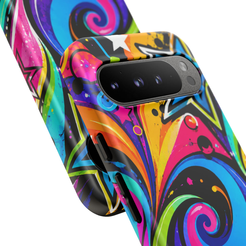 Psychedelic Swirl Phone Case — Bold Retro Stars & Neon Pop Art Tough Case