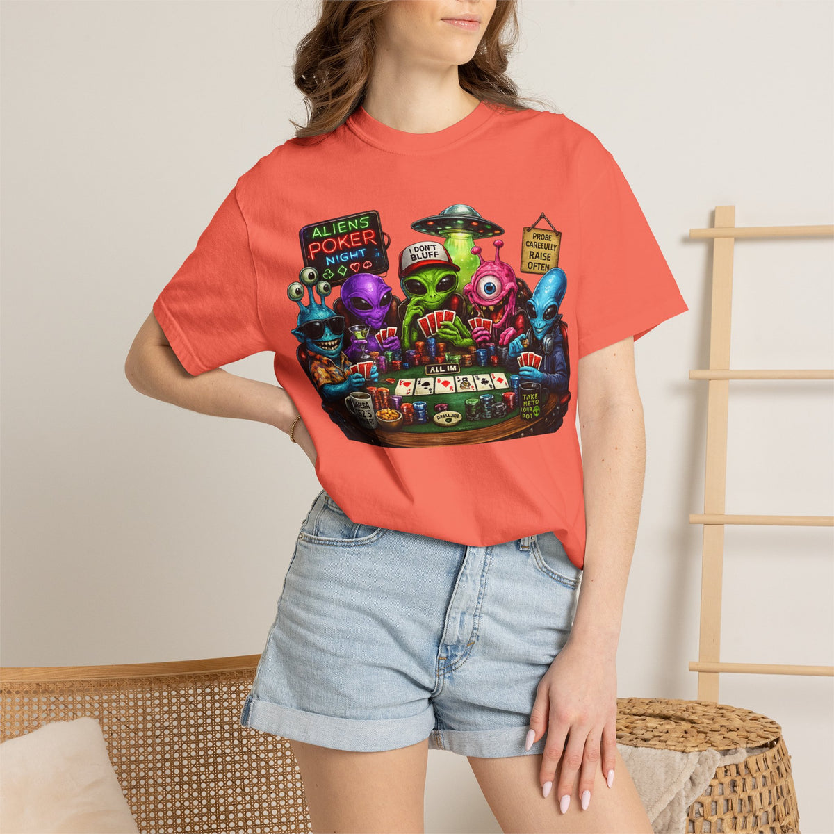 Aliens Poker Night T-shirt | Funny UFO Casino Card Game Design