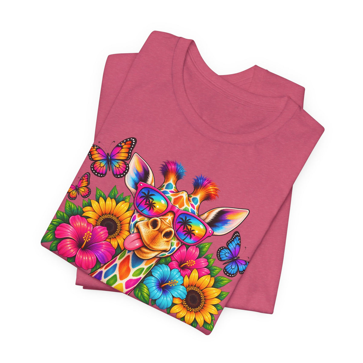 Giraffe Floral Tee — Colorful Butterfly & Sunflower Graphic T-Shirt