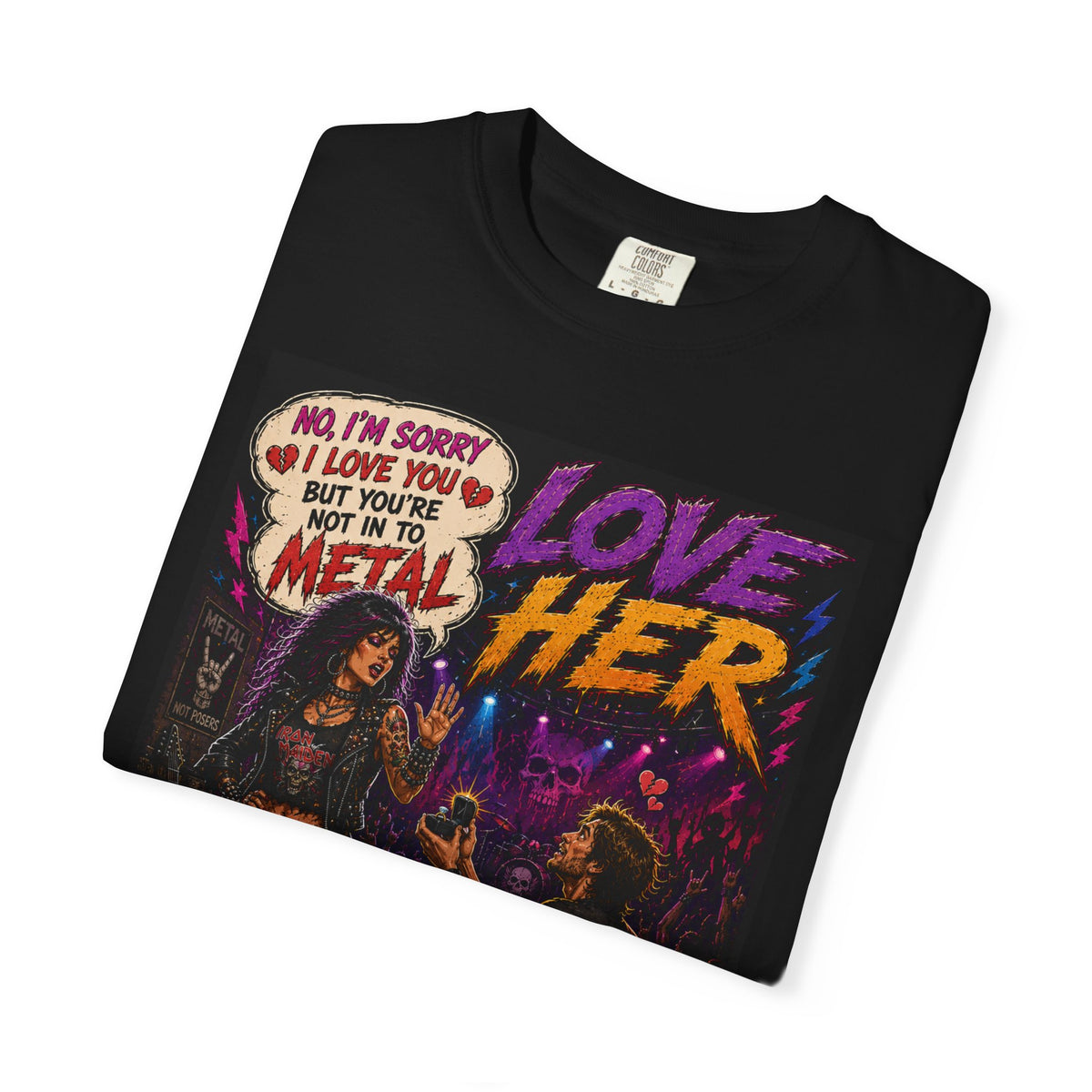 Love Metal Illustration T-Shirt | Rock Concert Couple, Retro Comic
