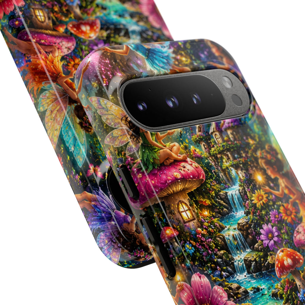 Fairy Garden Tough Phone Case — Whimsical Cottage, Waterfall & Mushroom Artwork
