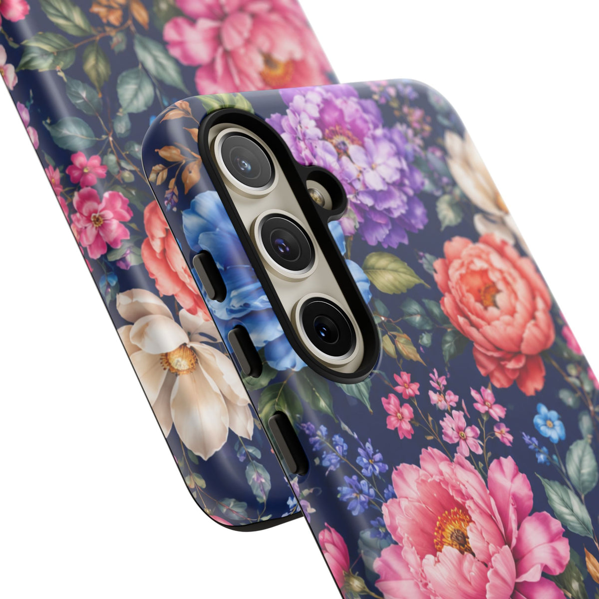 Floral Tough Phone Case – Vibrant Garden Flowers on Navy