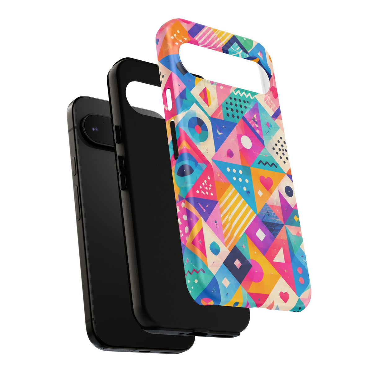 Colorful Geometric Tough Phone Case — Bright Abstract Heart & Triangle Pattern