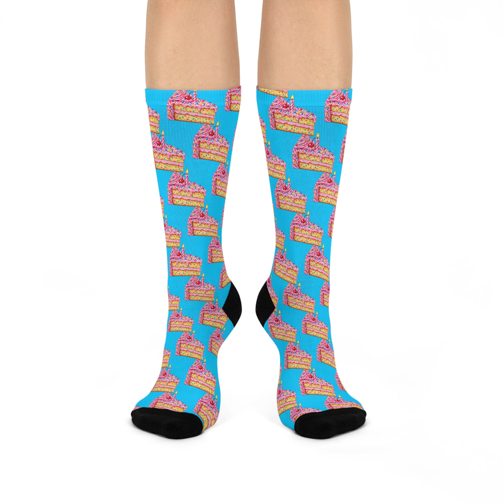 Birthday Cake Crew Socks — Colorful Party Slice Pattern Cushioned Socks