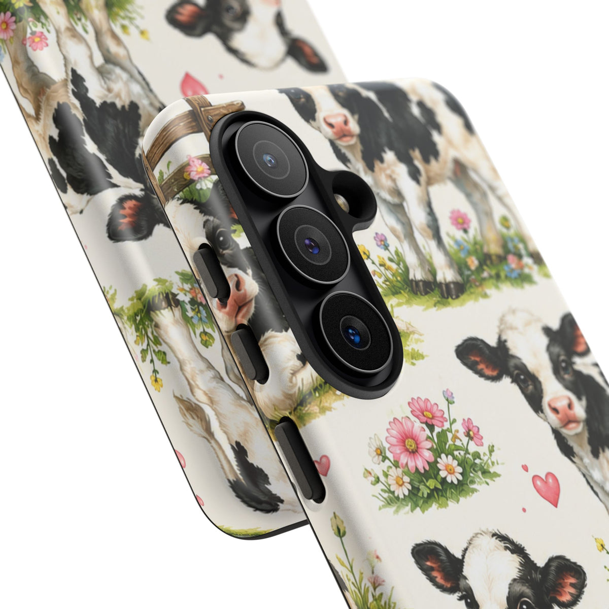 Cute Calf Pattern Phone Case – Pastel Cow Hearts & Flowers Protective Cover