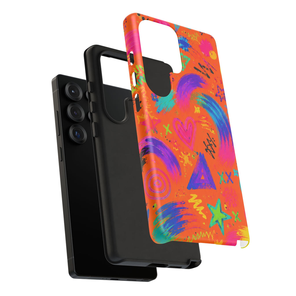 Colorful Neon Doodle Phone Case — Bright Abstract Stars & Hearts Tough Case