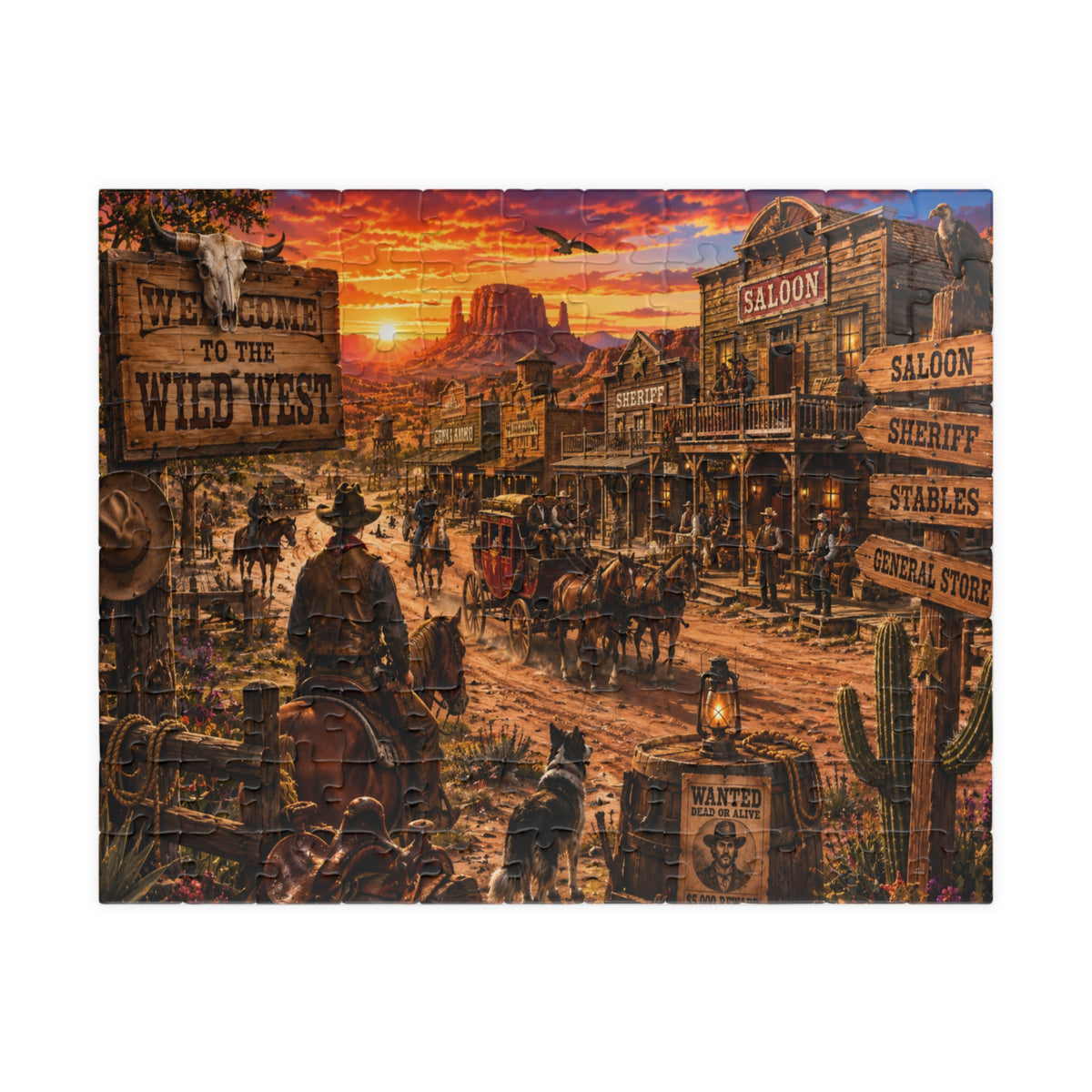 Wild West Saloon Jigsaw Puzzle — Vintage Cowboy Town Sunset (110/252/520/1014 pcs)