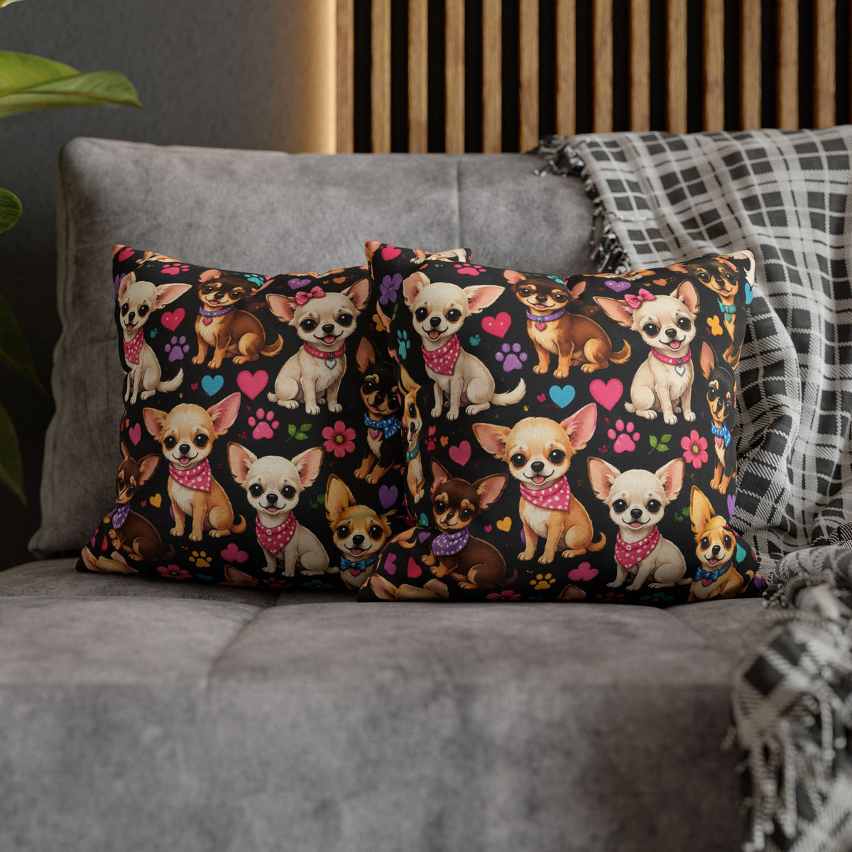 Chihuahua Pattern Pillowcase | Square Throw Pillowcase with Cute Dogs and Paw Prints