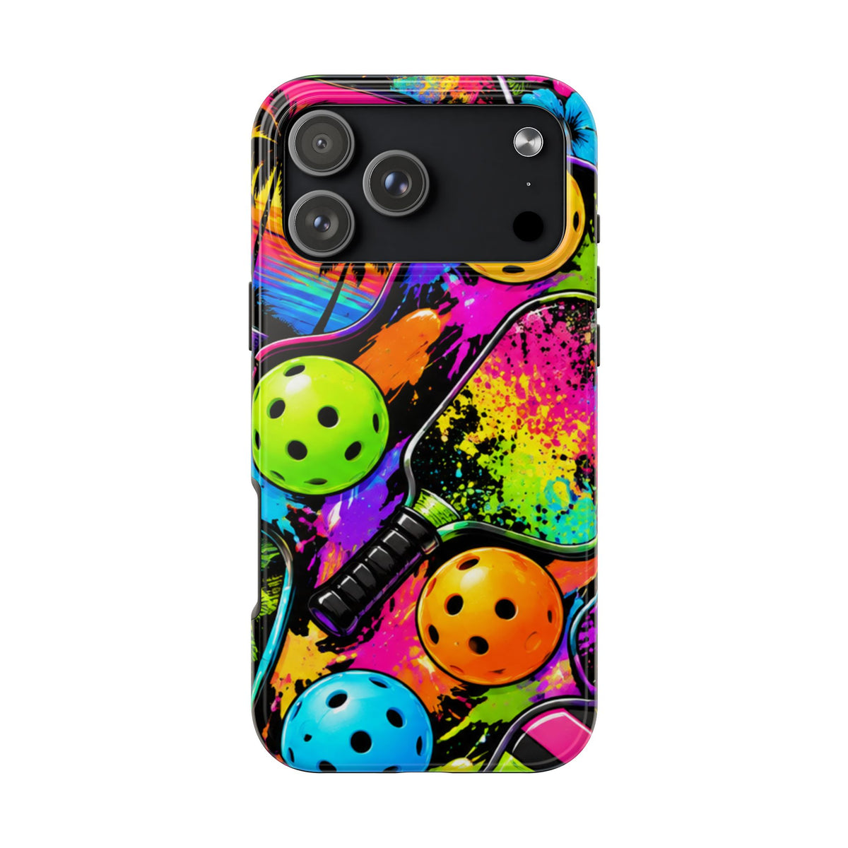 Pickleball Splash Tough Phone Case — Neon Paddle & Ball Protective Cover