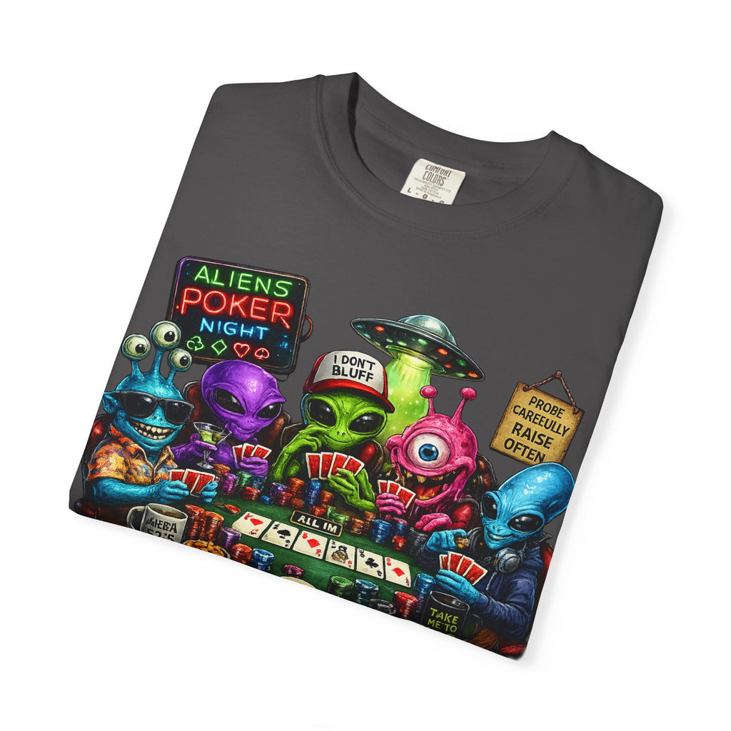 Aliens Poker Night T-shirt | Funny UFO Casino Card Game Design