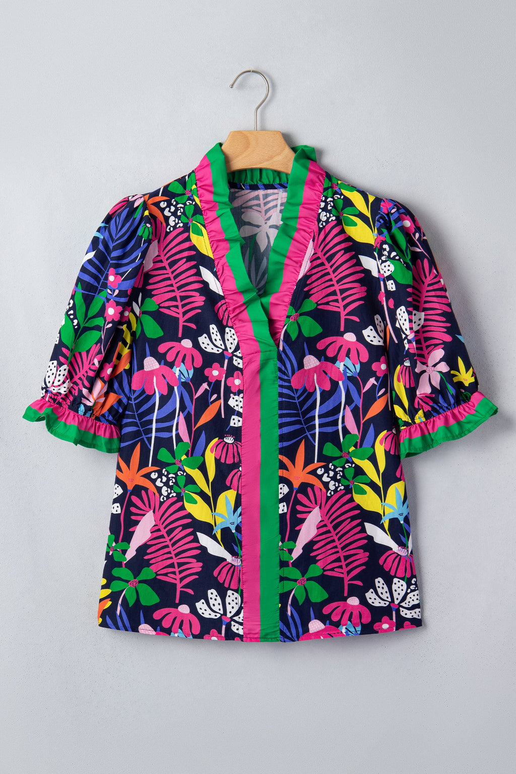 Floral Frilled Contrast Stripe V-Neck Blouse