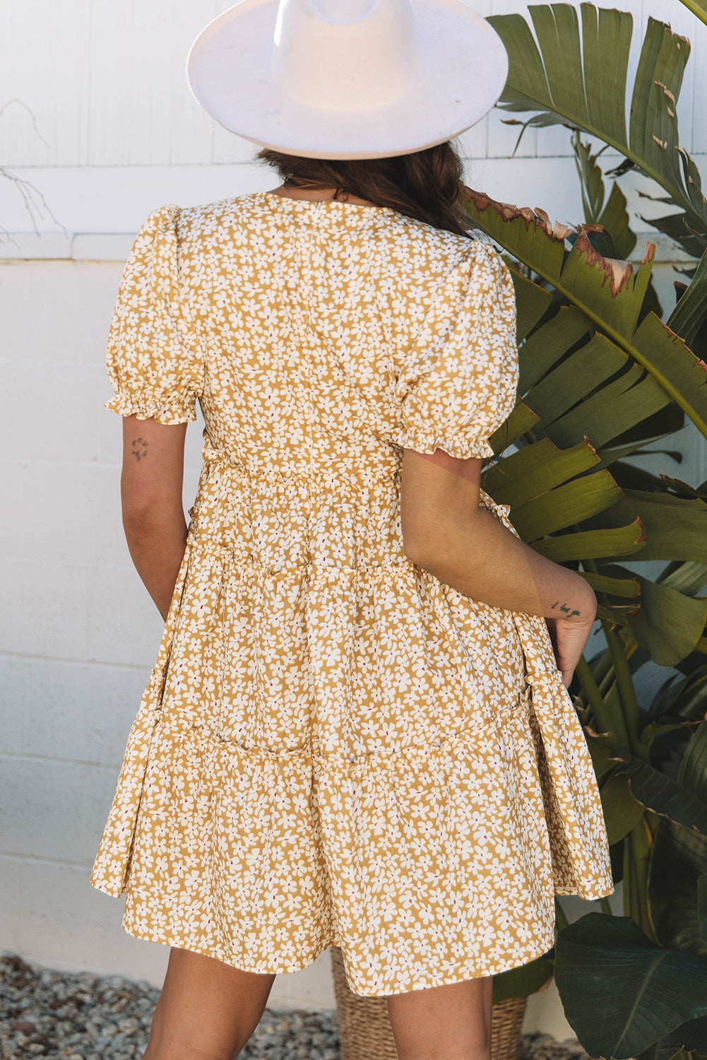 Floral V-Neck Short Sleeve Tiered Mini Dress
