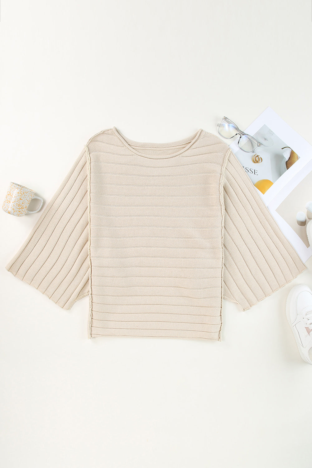 Ribbed Knit Reverse Seam 3/4 Sleeve Sweater