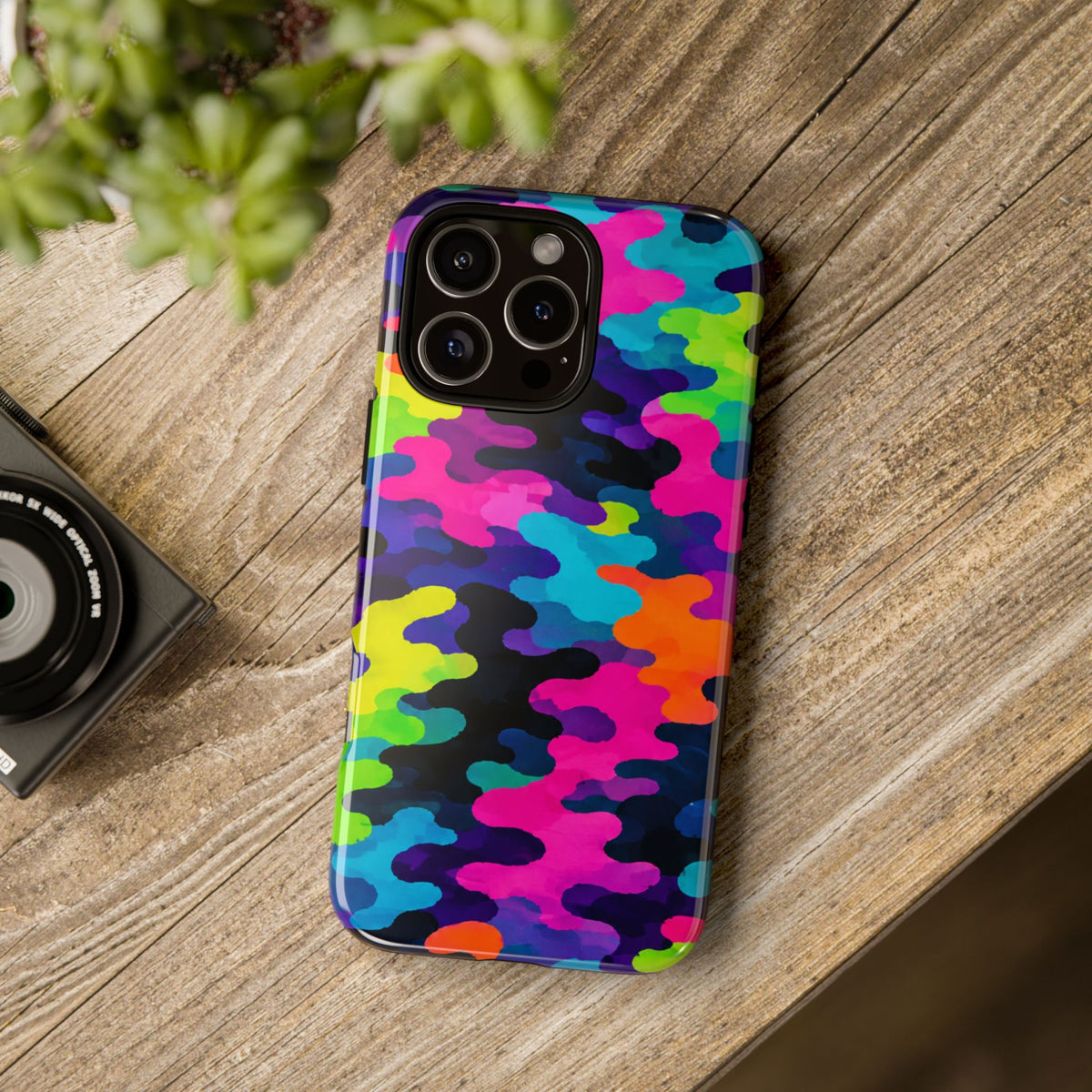 Neon Camo Tough Phone Case — Bright Rainbow Protective iPhone Cover