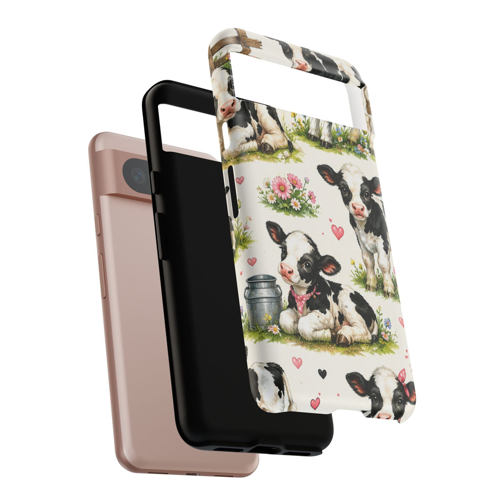 Cute Calf Pattern Phone Case – Pastel Cow Hearts & Flowers Protective Cover
