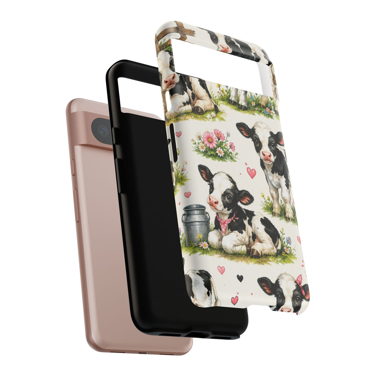 Cute Calf Pattern Phone Case – Pastel Cow Hearts & Flowers Protective Cover