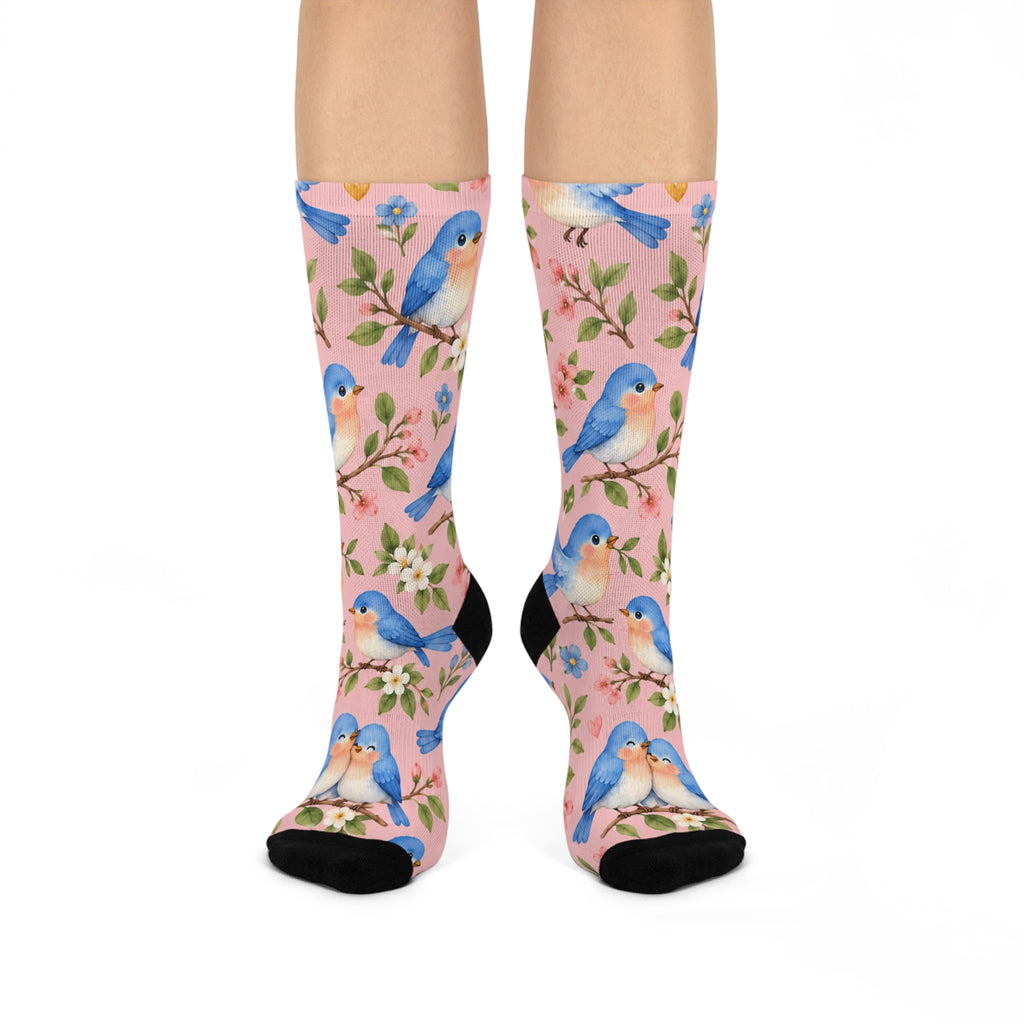 Bluebird Floral Crew Socks | Pink Bird Pattern, Spring Nature Socks