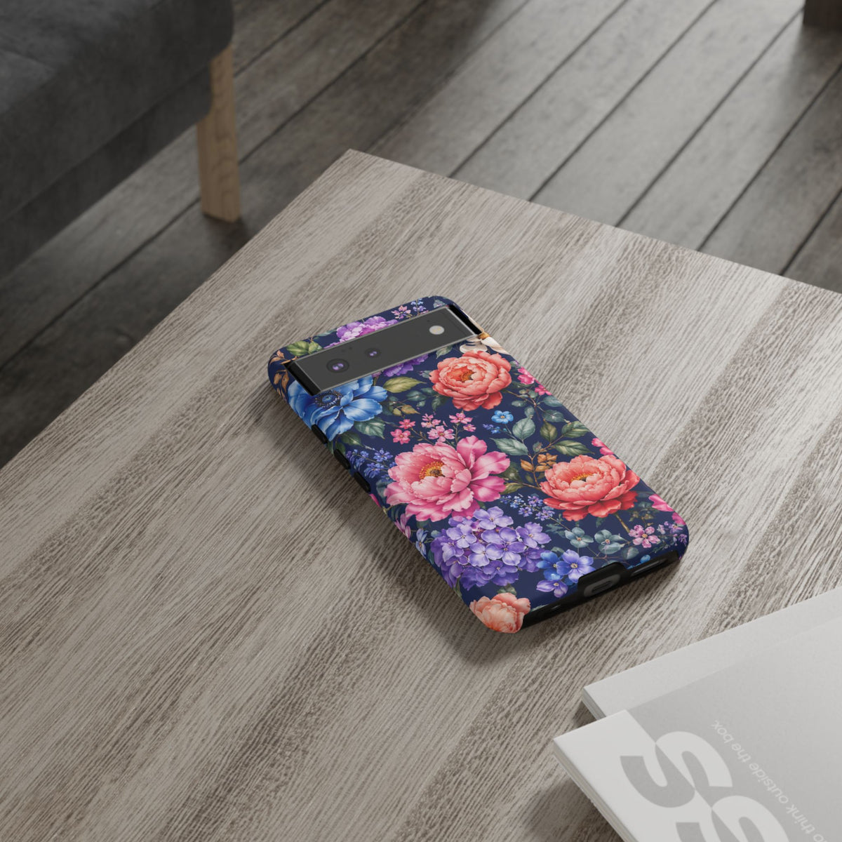 Floral Tough Phone Case – Vibrant Garden Flowers on Navy