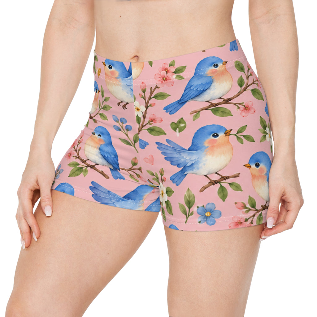 Bluebird Floral Pattern Women's Shorts | Pink Spring Bird Design