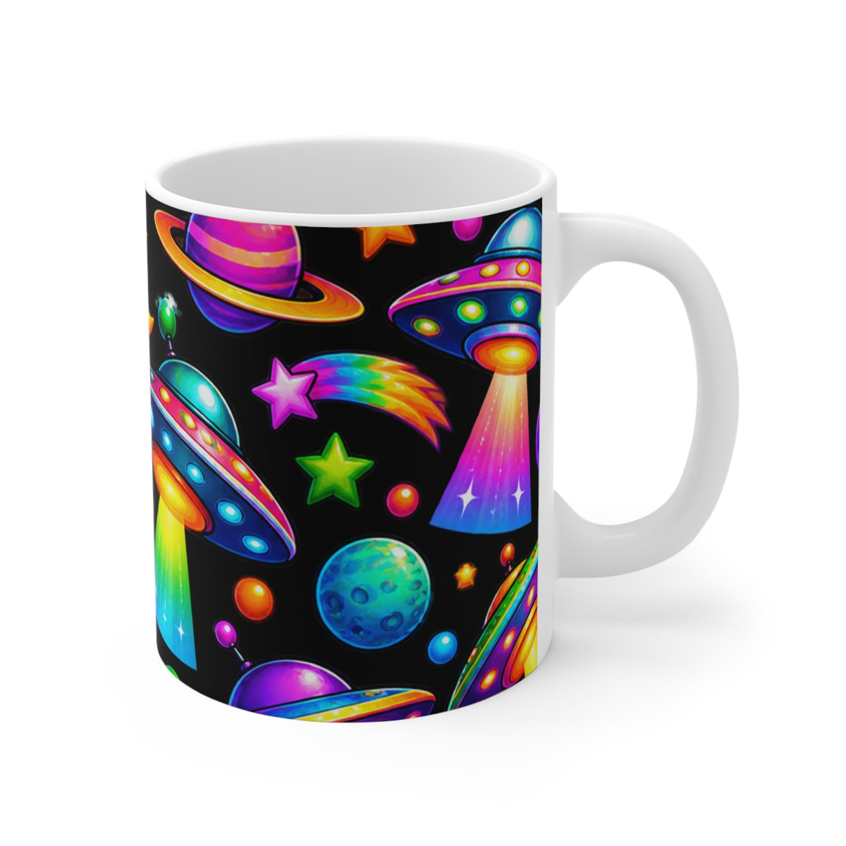 Neon UFOs & Planets Ceramic Mug — 11oz Colorful Space Alien Pattern