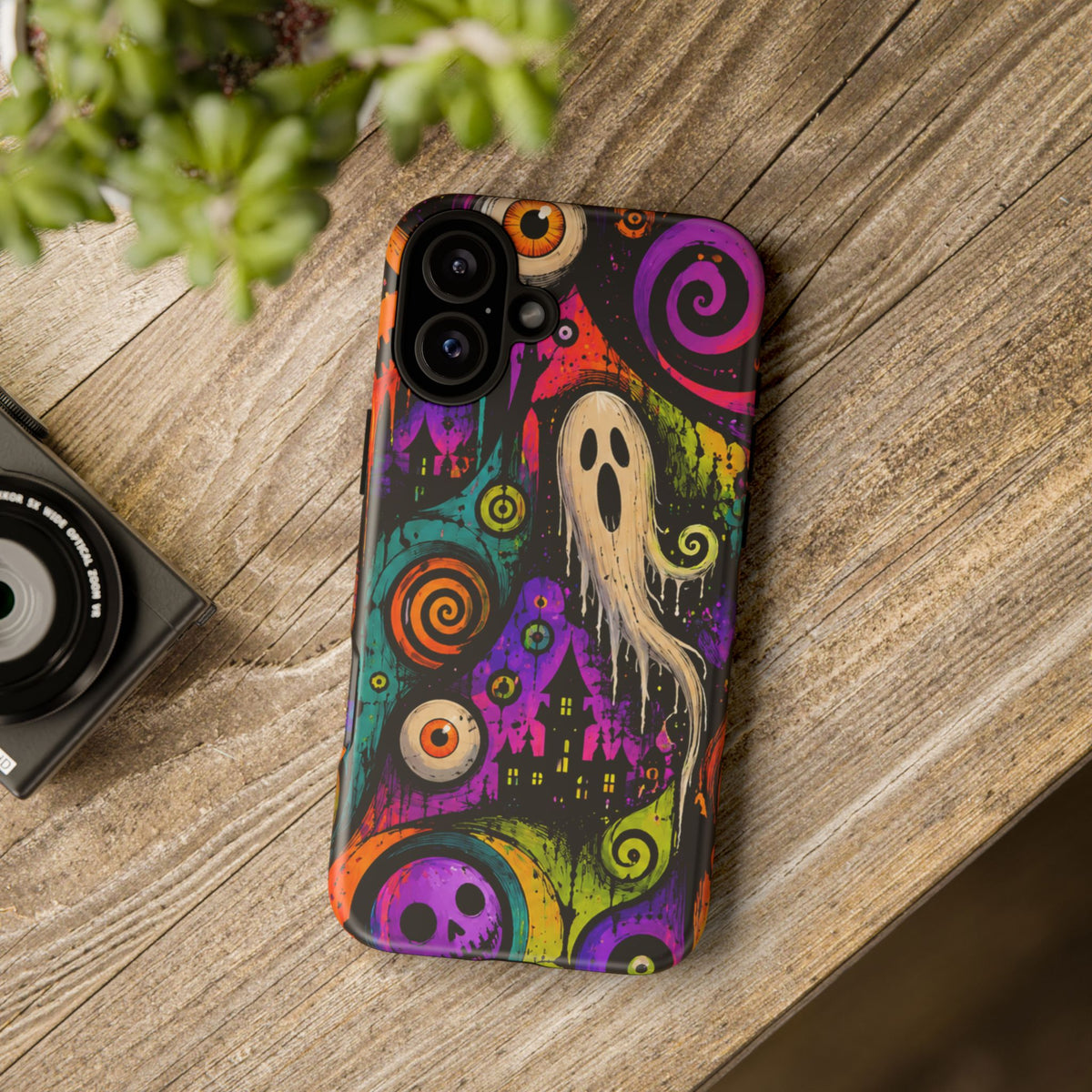 Halloween Ghost Phone Case — Colorful Spooky Skull & Haunted House Tough Case