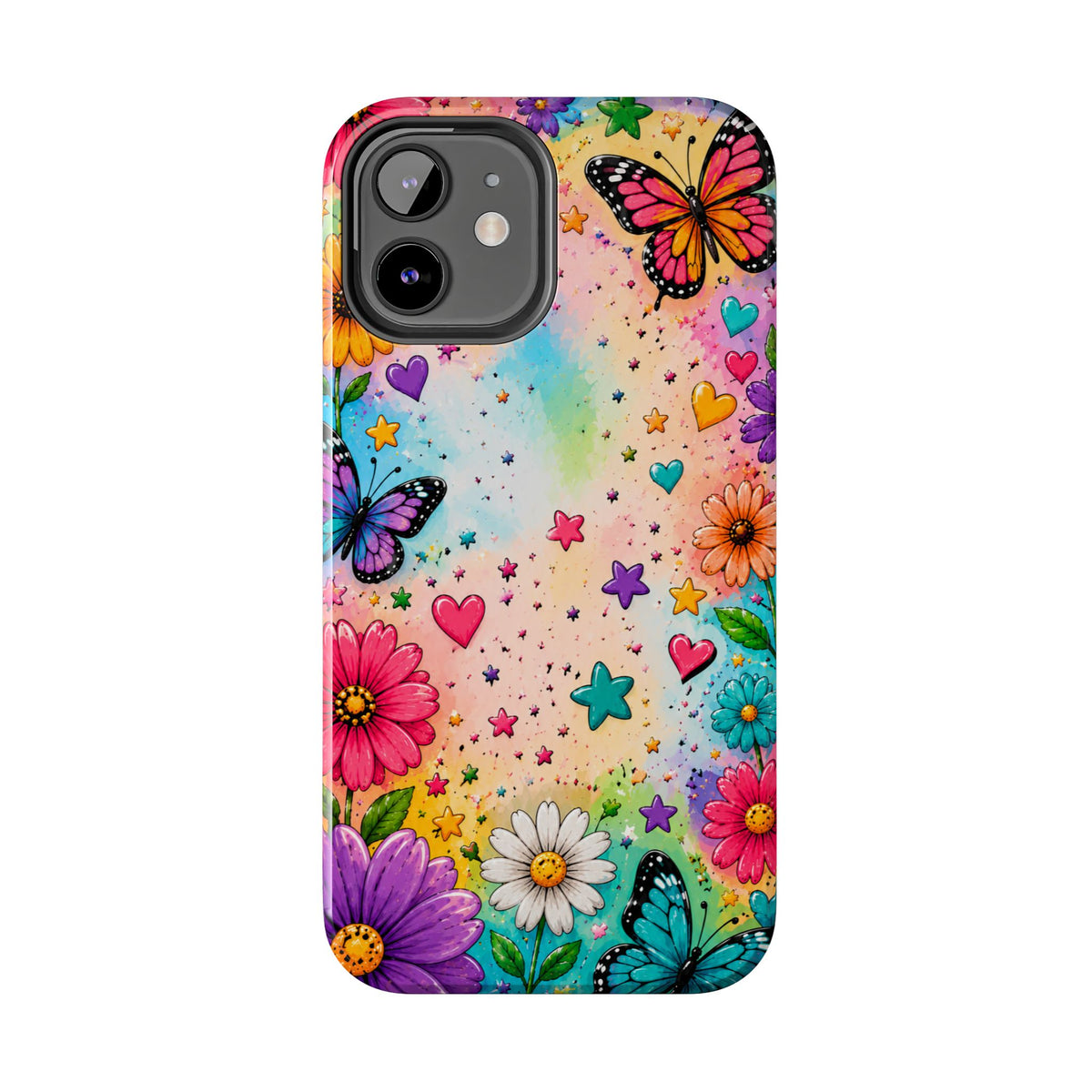 Colorful Butterflies and Flowers Tough Phone Case | Rainbow Hearts Stars