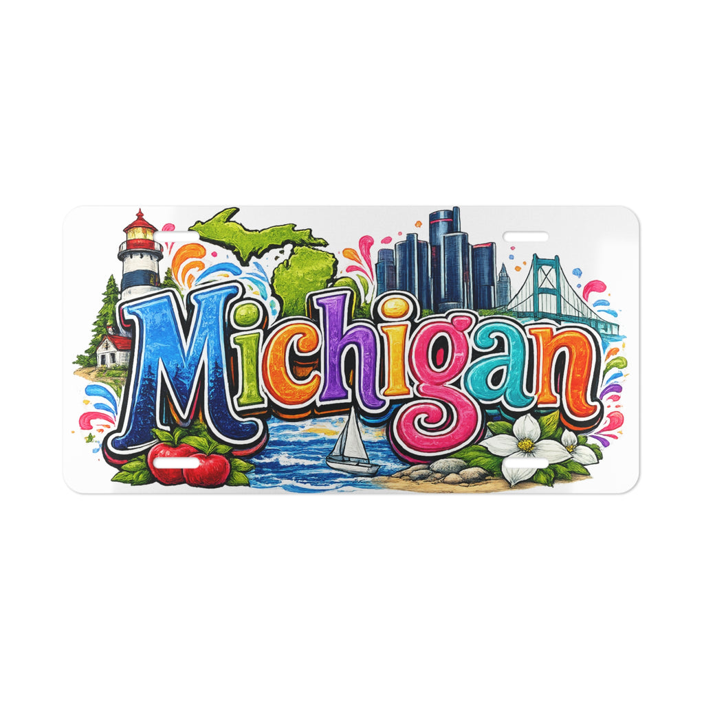 Michigan colorful skyline & icons Vanity Plate | state license decor