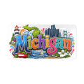 Michigan colorful skyline & icons Vanity Plate | state license decor