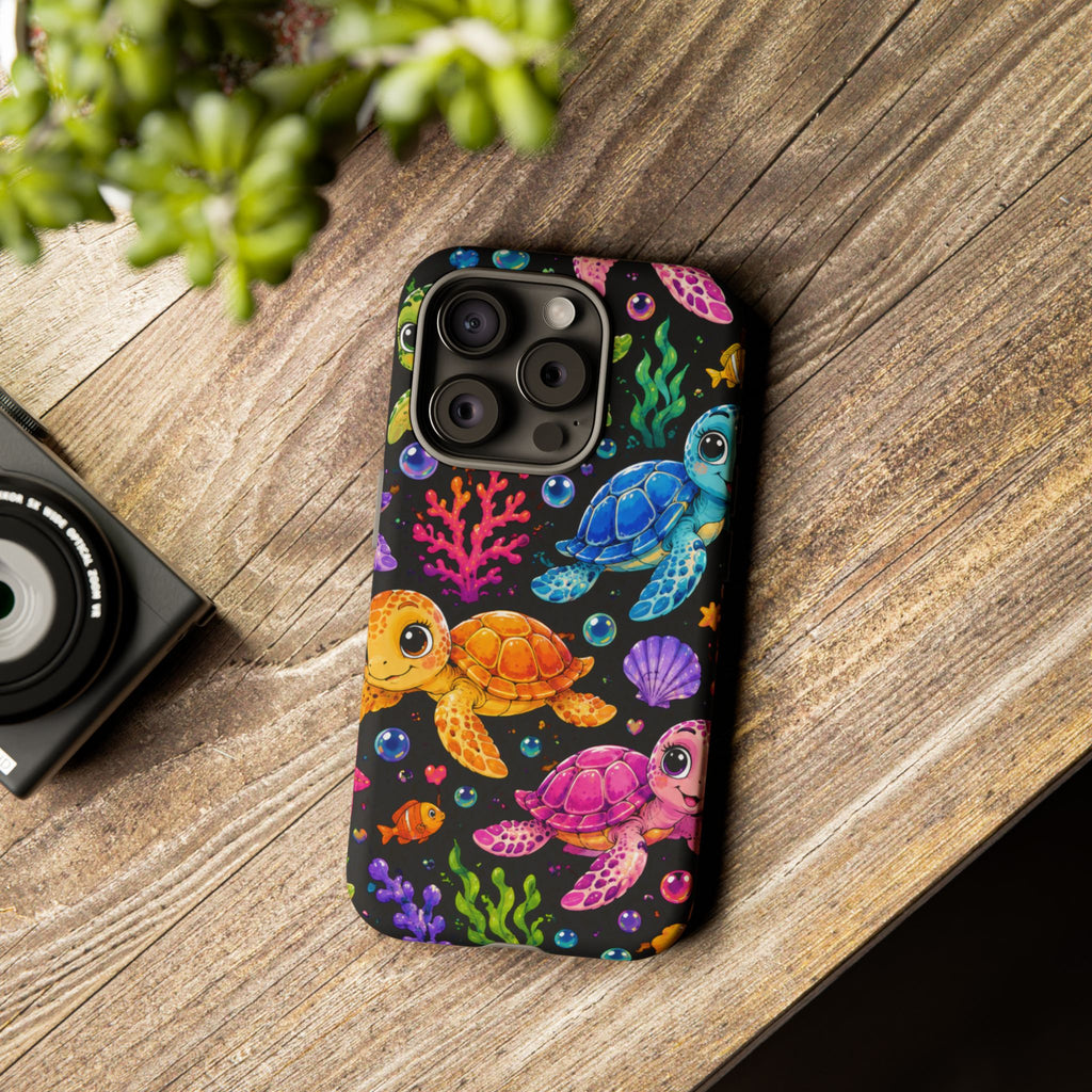 Phone Case — Colorful Cute Sea Turtles on Black (Protective Smartphone Cover)