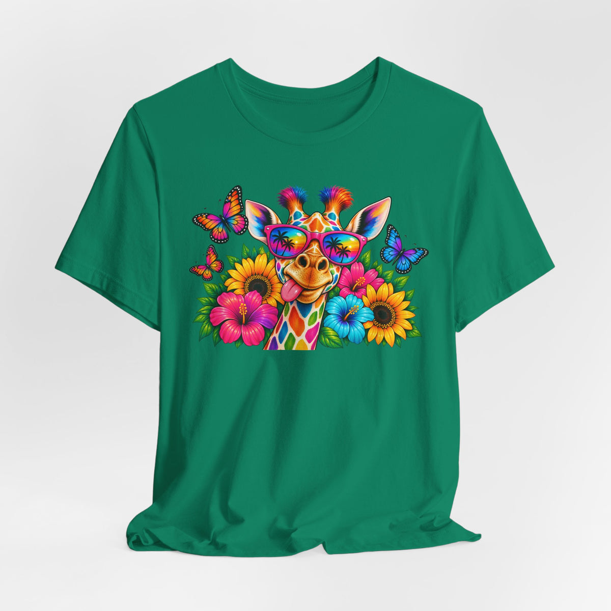 Giraffe Floral Tee — Colorful Butterfly & Sunflower Graphic T-Shirt