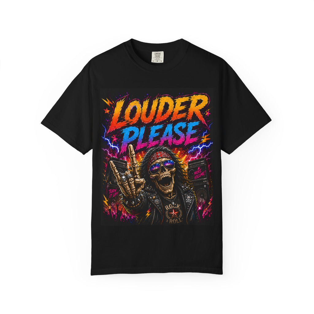 Louder Please Skull Rocker T-shirt | Retro Neon Heavy Metal Tee