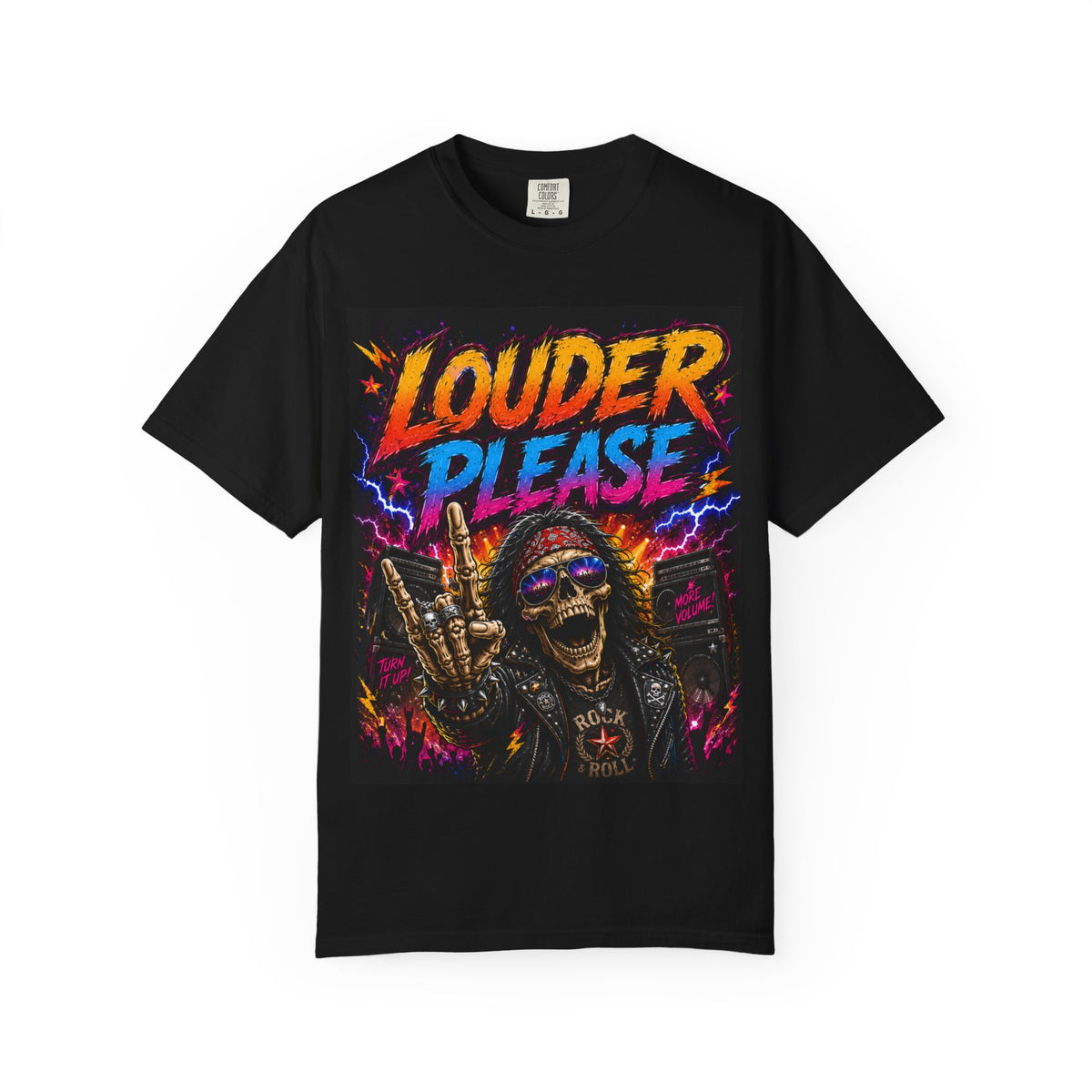 Louder Please Skull Rocker T-shirt | Retro Neon Heavy Metal Tee
