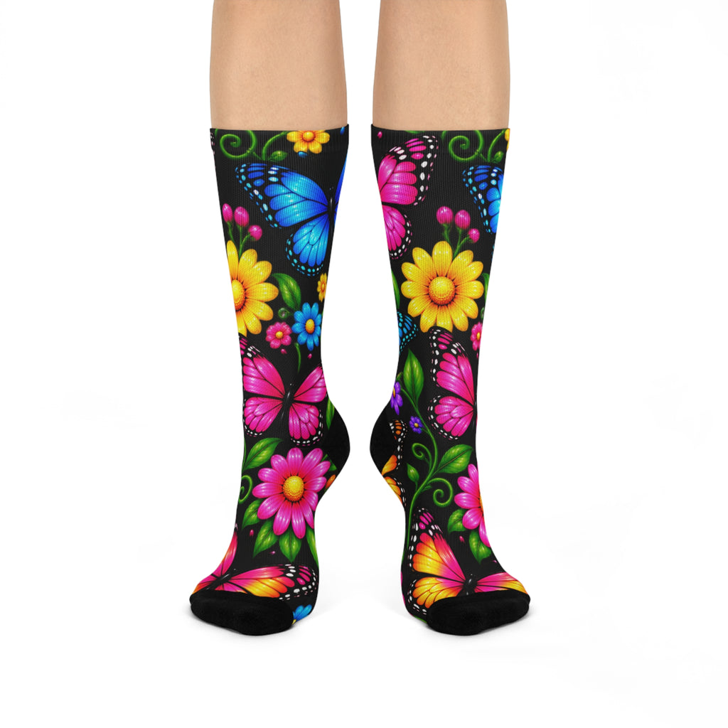 Butterfly Garden Cushioned Crew Socks — Colorful Floral Butterflies Comfort Socks