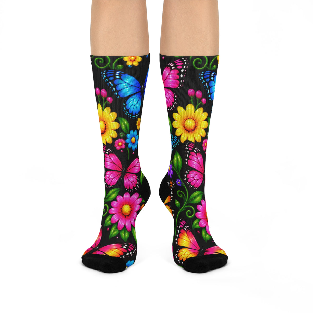 Butterfly Garden Cushioned Crew Socks — Colorful Floral Butterflies Comfort Socks