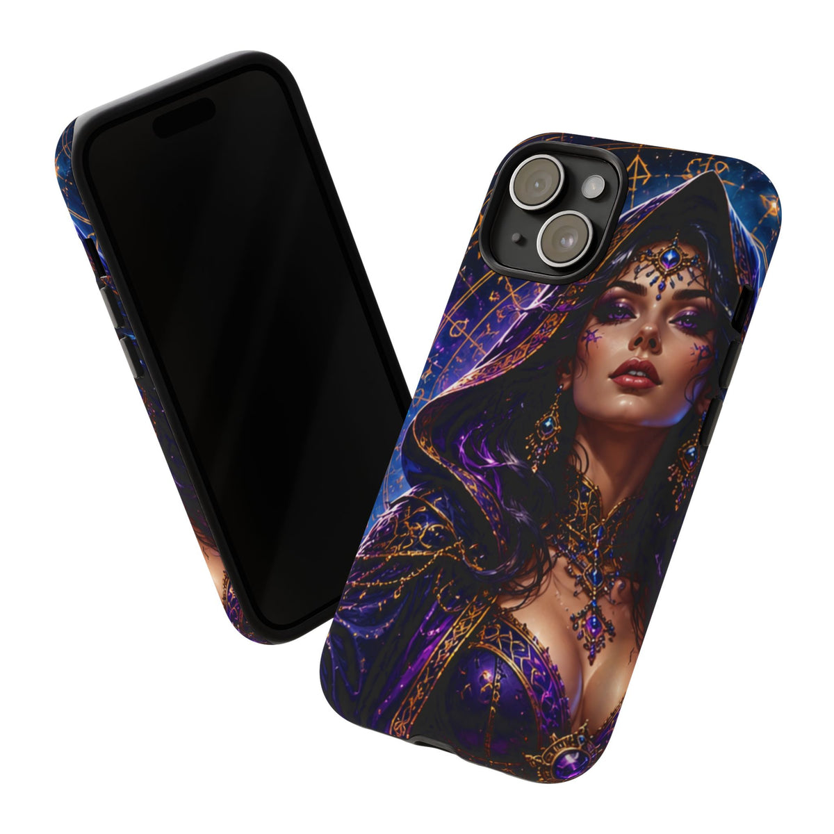 Phone Case — Mystical Sorceress Art Protective Tough Case (Astrology, Purple Hooded Witch)