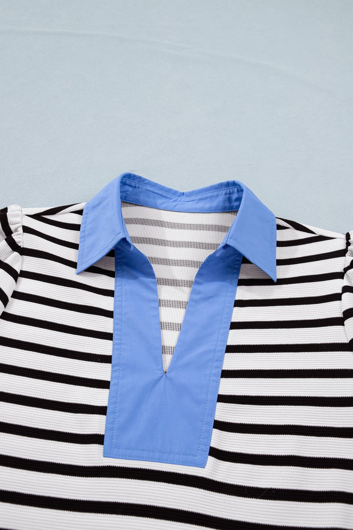 Stripe Colorblock Puff Sleeve Polo Collar Blouse