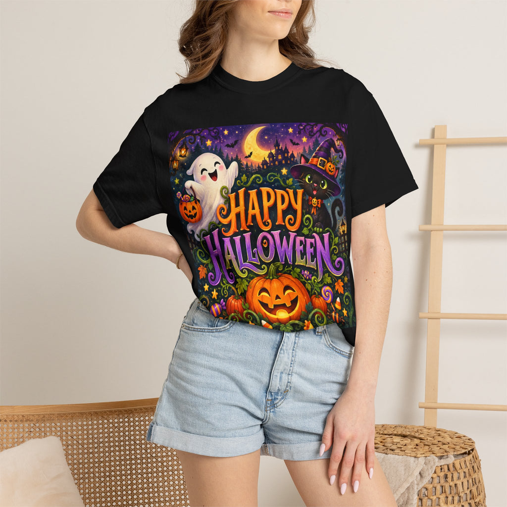 Happy Halloween Graphic T-Shirt — Cute Ghost & Jack-o'-Lantern Tee
